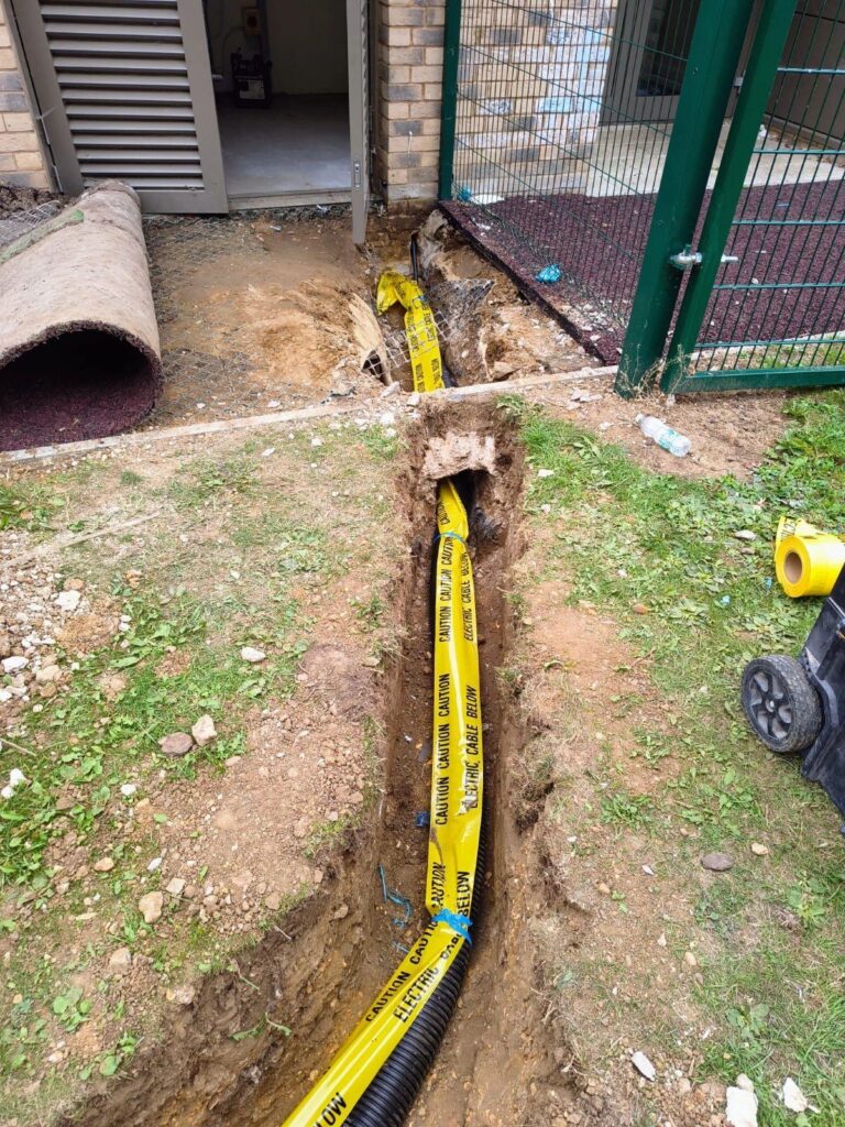 Commercial electrical fit-out in Peterborough for a modular school building, including new 3-phase SWA supply installation by certified electricians