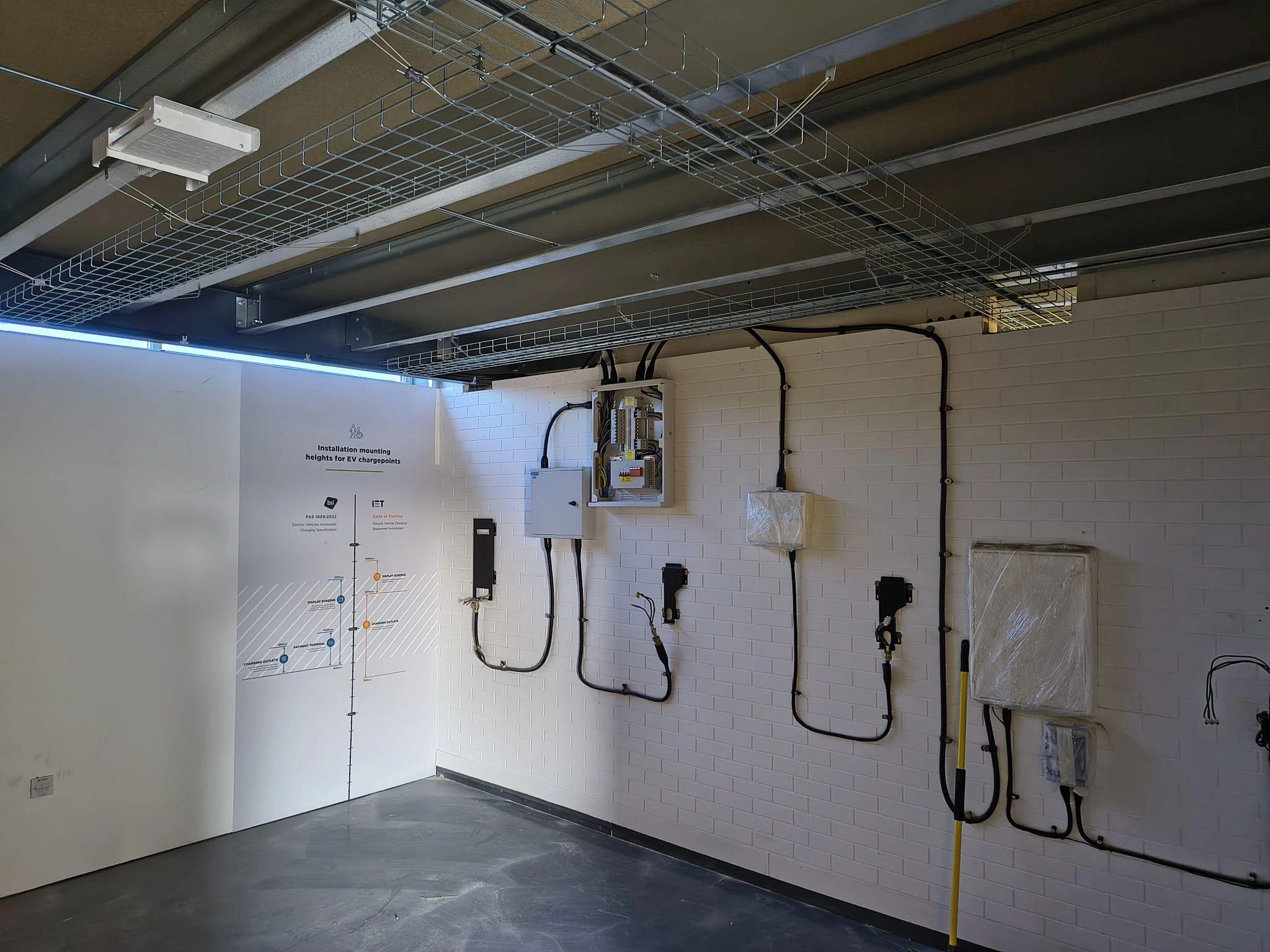 Warehouse electrical installation project in Peterborough showing containment cabling and LED lighting installed by Story Electrical