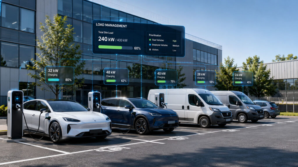 Commercial EV chargers using load management at a business site