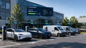 Commercial EV chargers using load management at a business site